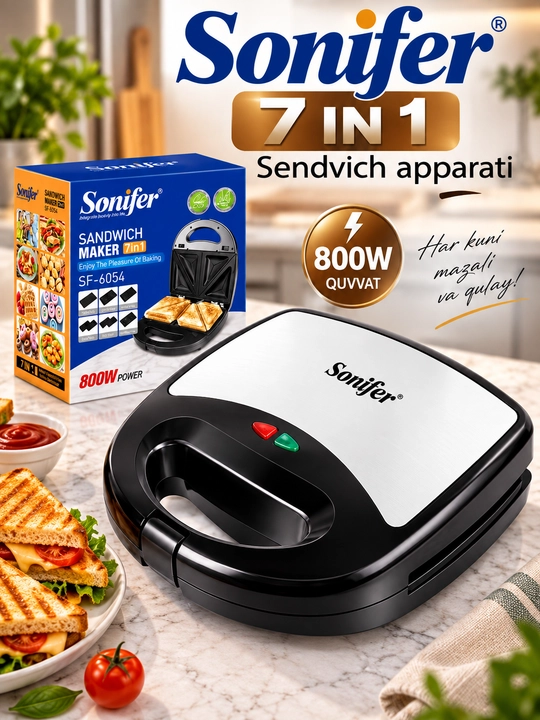 Vafli pishirgich Sonifer SF-6054, toster va sendvichnitsa 7 tasi 1 da, 800 W - 