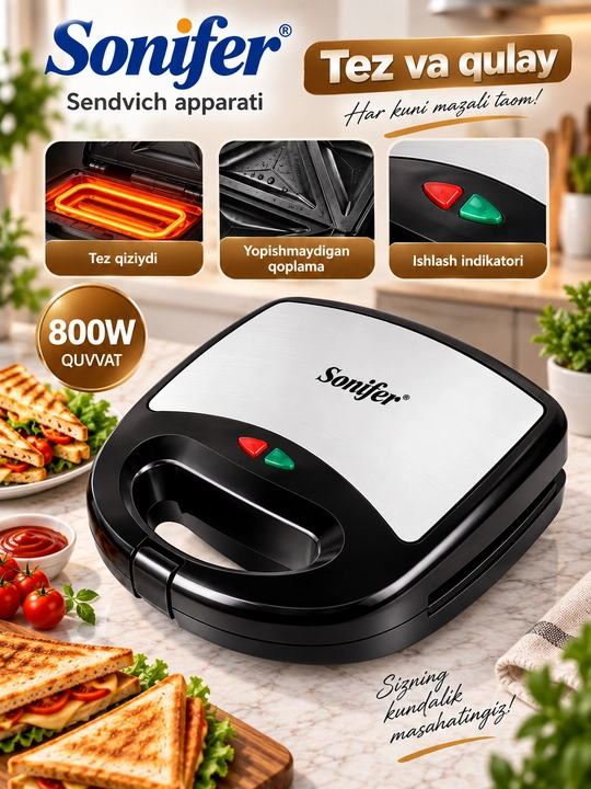 Vafli pishirgich Sonifer SF-6054, toster va sendvichnitsa 7 tasi 1 da, 800 W