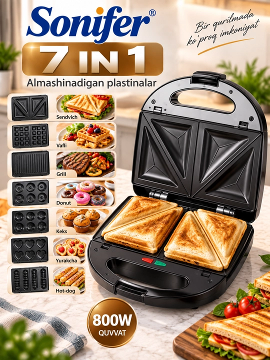 Vafli pishirgich Sonifer SF-6054, toster va sendvichnitsa 7 tasi 1 da, 800 W
