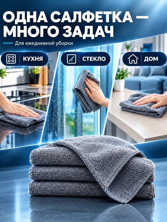 Салфетки микрофибра, тряпка для стекол, уборка, без разводов, 3 штуки для дома, кухни окон