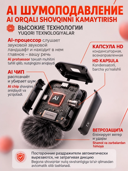 Telefon uchun simsiz mikrafon petlichka 2 ta, iPhone va Android uchun, Type-C Lightning