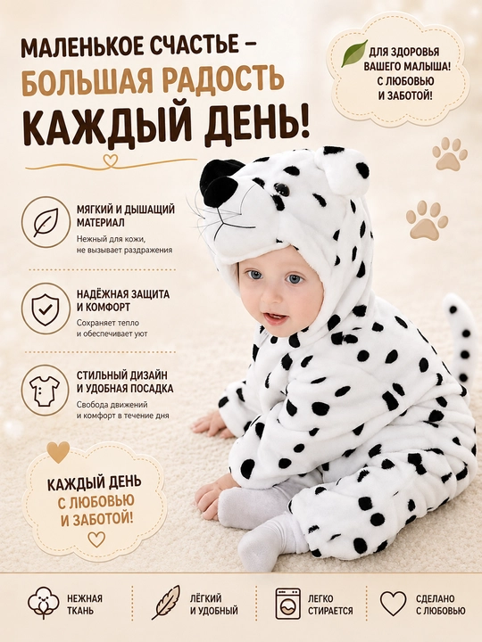 Детский плюшевый комбинезон , тёплый мягкий комбинезон с капюшоном