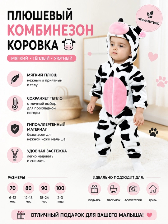Детский плюшевый комбинезон , тёплый мягкий комбинезон с капюшоном