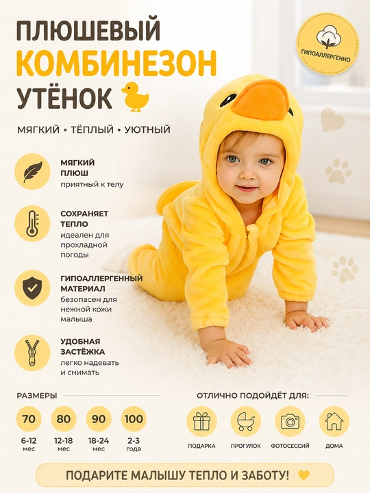 Детский плюшевый комбинезон , тёплый мягкий комбинезон с капюшоном - 