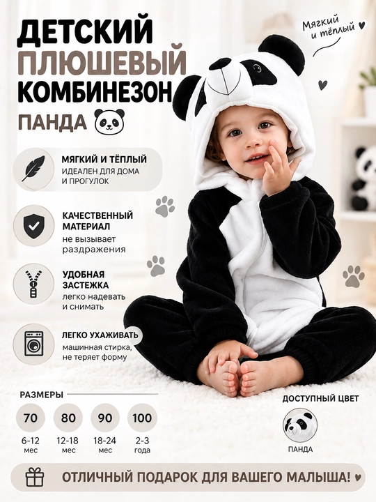 Детский плюшевый комбинезон , тёплый мягкий комбинезон с капюшоном - 