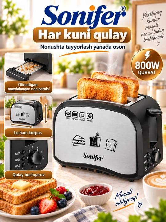 Sonifer SF-6179 elektr non tosteri, 2 bo‘lakli, quvvati 800 Vt
