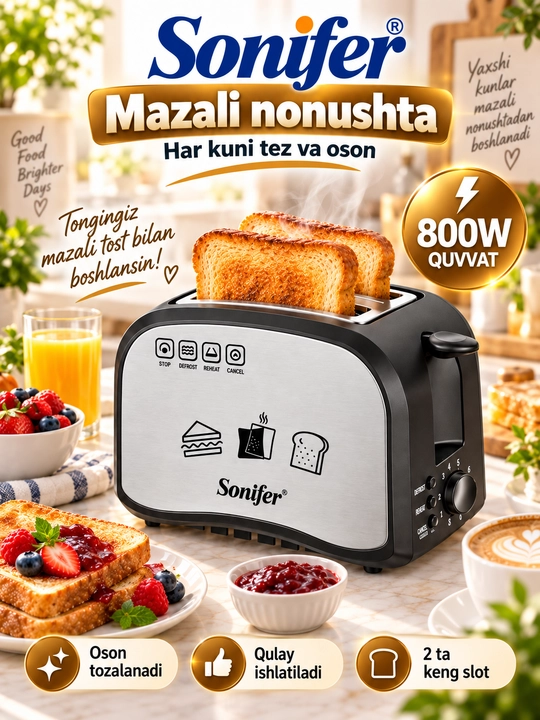 Sonifer SF-6179 elektr non tosteri, 2 bo‘lakli, quvvati 800 Vt