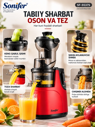 Sok vijimalka Sonifer SF-5537S, shnekli sharbat chiqargich meva va sabzavotlar uchun 250 W