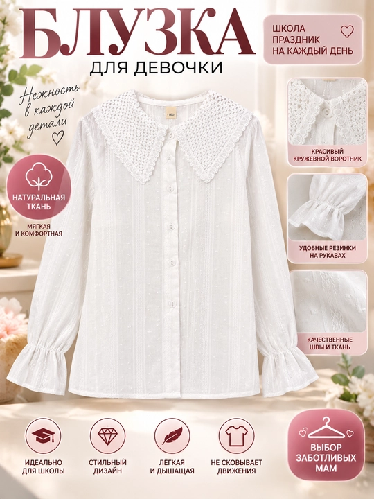 Кофта для девочки, белая кофта, школьная форма, девочки, кофта с воротником, белая блузка