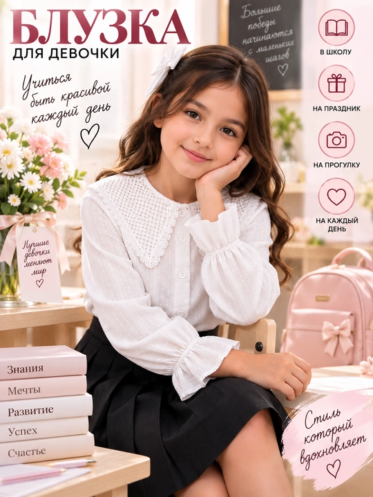 Кофта для девочки, белая кофта, школьная форма, девочки, кофта с воротником, белая блузка