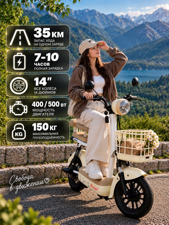 Ikki kishilik elektr skuter, tezligi 25 km/soat, yurish masofasi 50 km gacha