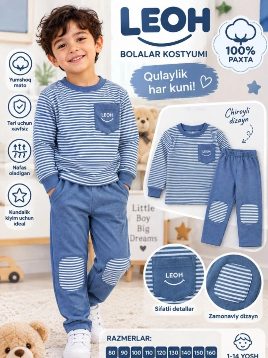 Bolalar kashmir pijama, 1-8 yoshgacha, o'g'il va qiz bolalar uchun - 