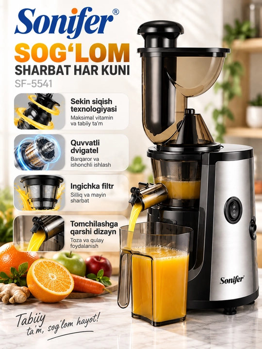 Sok chiqargich Sonifer SF-5541, shnekli, 250 W, 65/75 mm keng og‘iz, 1 L idish