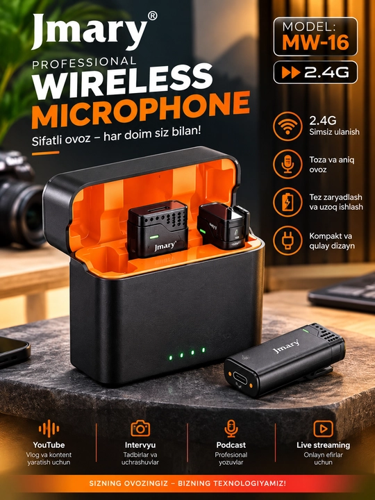 Jmary MW-16 Simsiz Mikrofon 2.4G, Shovqinni Bekor Qilish, Zaryadlash Qutisi bilan - 