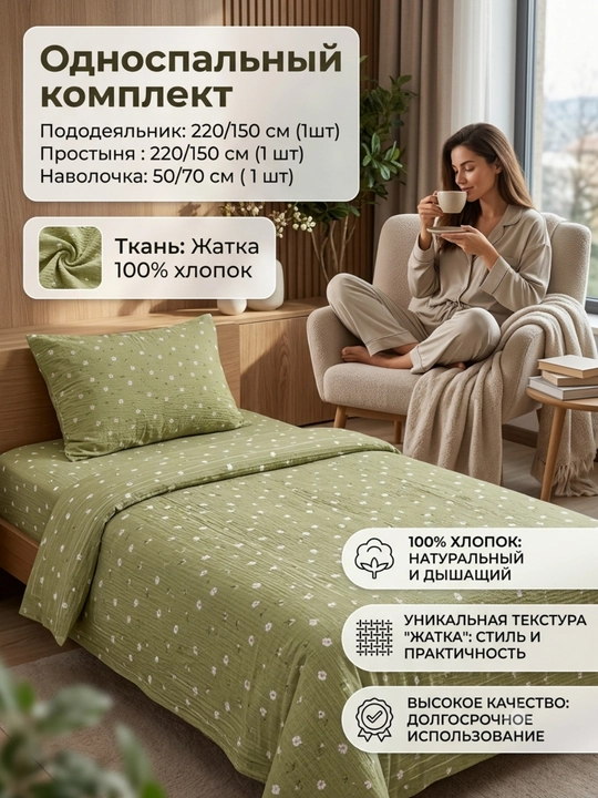 Комплект постельного белья Dantella , 100% хлопок, односпальный, (жатка), муслин