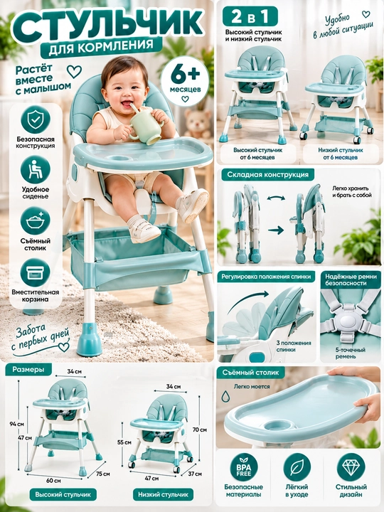 Стульчик для кормления, детский стул со столиком, feeding chair, 6+ месяцев, съёмный столи - 