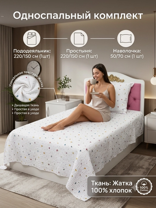 Комплект постельного белья Dantella , 100% хлопок, односпальный, (жатка), муслин