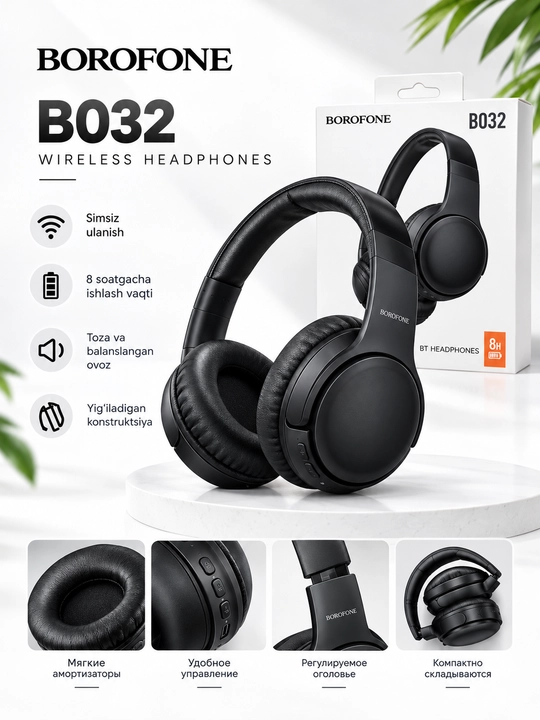 Simsiz bluetooth naushnik Borofone BO32, buklanadigan, TF-karta va AUX, mikrofonli - 