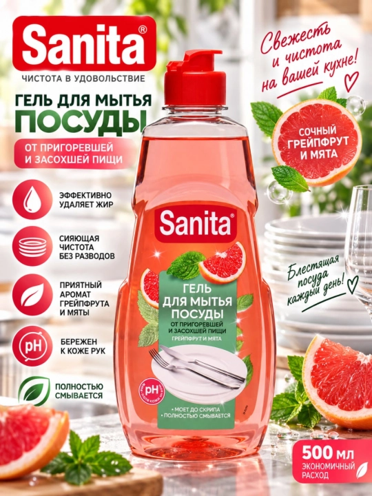 Quritilgan ovqat va yog'dan idishlarni yuvish uchun gel Sanita, greypfrut va yalpiz, 450 g - 