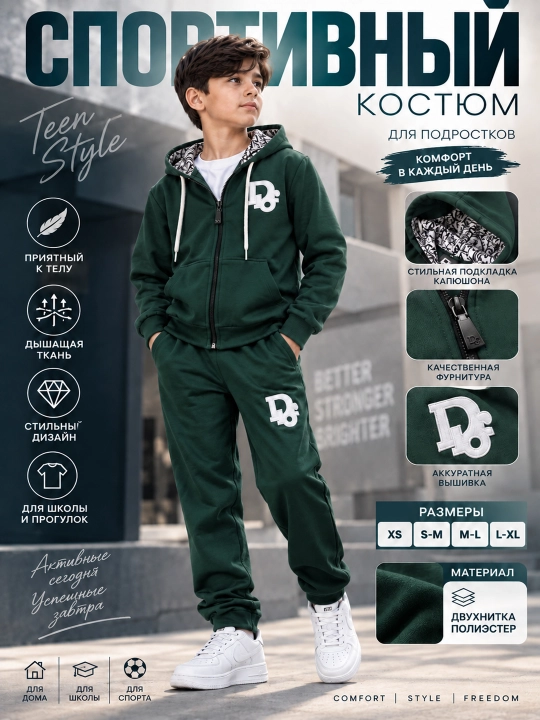 O‘smirlar uchun sport kostyumi, zamokli xudi va shim, ikki iplik matodan - 