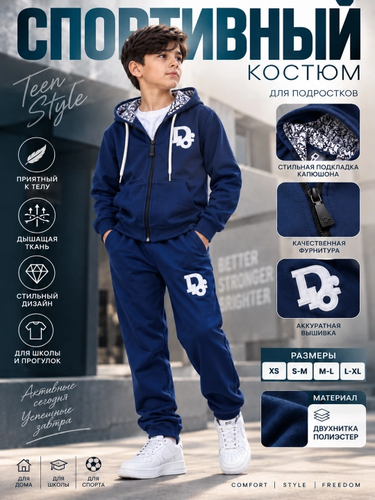 Спортивный костюм для подростков, худи и брюки, двухнитка, повседневный - 