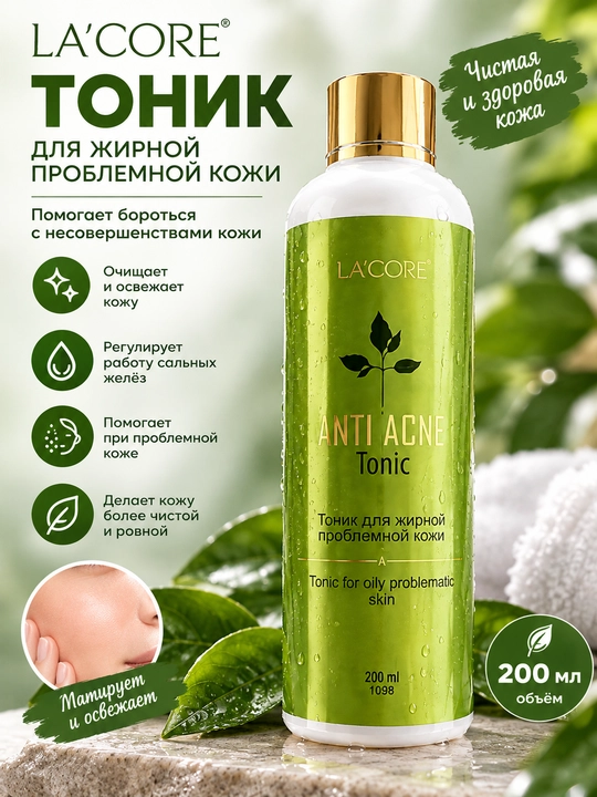 Lacore Anti Acne Tonic tonigi yog‘li va aralash teri uchun mo‘ljallangan