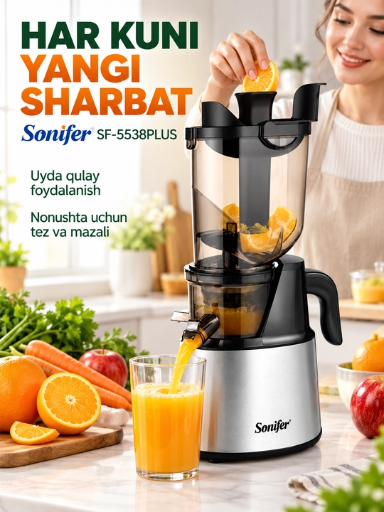 Sok chiqargich Sonifer SF-5538PLUS, shnekli sok vijimalka, 300 W, keng og‘iz 94×150 mm