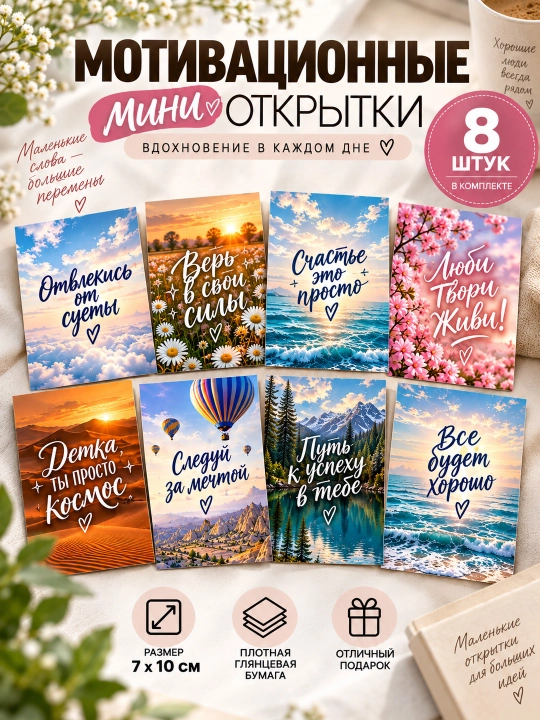 7×10 sm o‘lchamli motivatsion tabriknomalar, 8 ta to‘plam, ilhomlantiruvchi kartochkalar - 