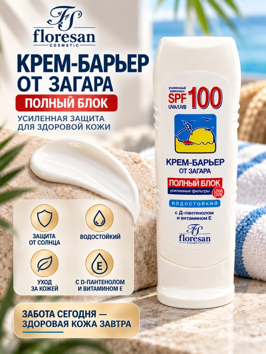 Floresan SPF 100 UVA/UVB quyoshdan himoya kremi, D-pantenol va E vitamini bilan