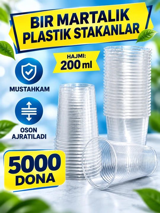 Bir martalik plastik stakanlar 200 ml, ichimliklar uchun shaffof va qulay - 