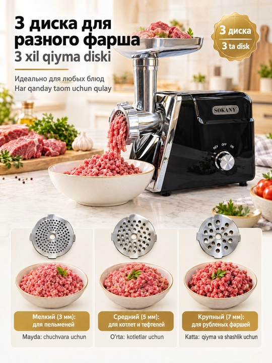 SOKANY SK-06044 go'sht qiymalagich, 3 disk, kolbasa, kyubbe, 220-240V