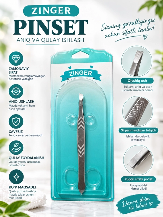 ZINGER Pinset — qosh va yuz tuklarini aniq olish uchun