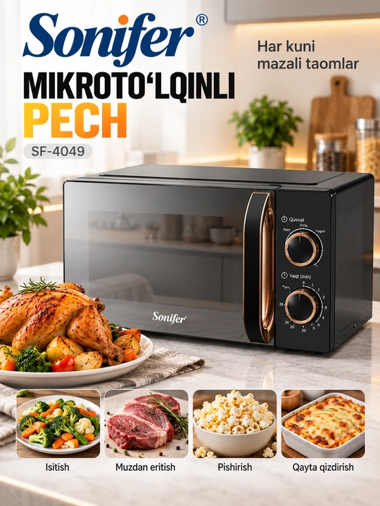 Mikroto‘lqinli pech Sonifer SF-4049, 20 L, mexanik boshqaruv, 1150 W, taymerli
