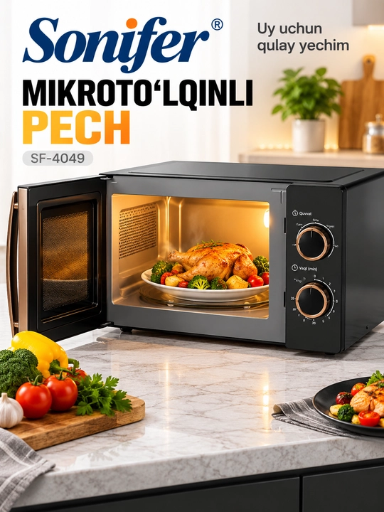 Mikroto‘lqinli pech Sonifer SF-4049, 20 L, mexanik boshqaruv, 1150 W, taymerli