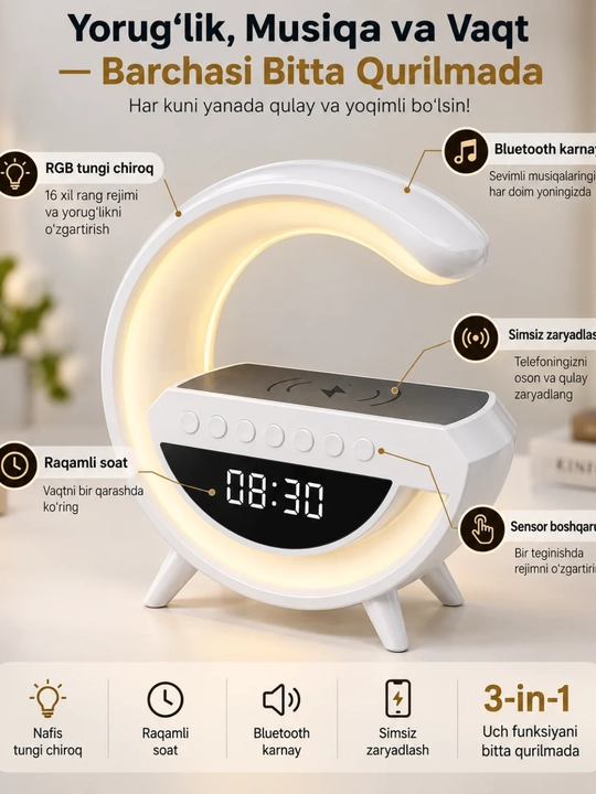LED tungi chiroq, raqamli soat va simsiz quvvatlash maydonchasi bilan