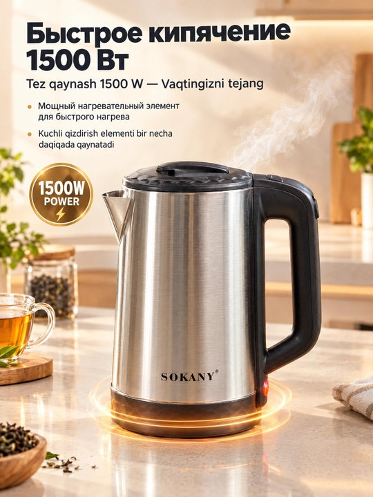 Чайник SOKANY SK-09022, 2.3л, 1500Вт, нержавеющая сталь, 360°