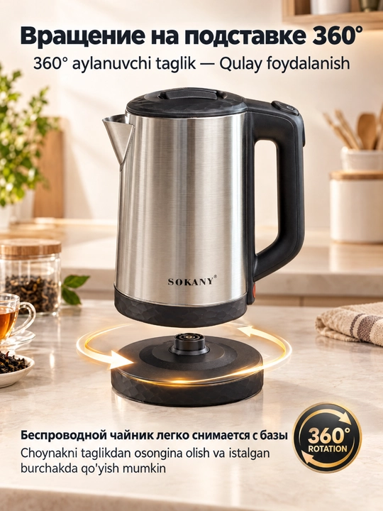 Чайник SOKANY SK-09022, 2.3л, 1500Вт, нержавеющая сталь, 360°