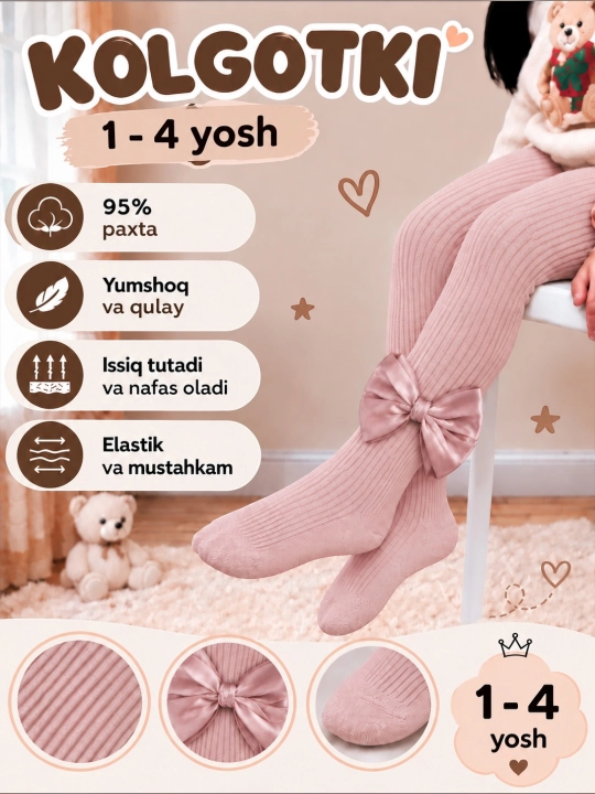 Qiz bolalar uchun issiq kolgotkalar S — 1 yosh, M — 2–3 yosh, L — 4–5 yosh - 