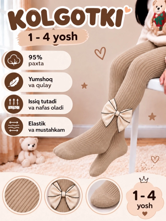 Qiz bolalar uchun issiq kolgotkalar S — 1 yosh, M — 2–3 yosh, L — 4–5 yosh - 