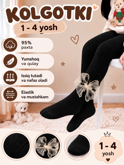 Qiz bolalar uchun issiq kolgotkalar S — 1 yosh, M — 2–3 yosh, L — 4–5 yosh - 