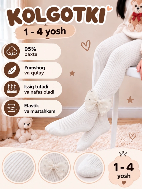 Qiz bolalar uchun issiq kolgotkalar S — 1 yosh, M — 2–3 yosh, L — 4–5 yosh - 