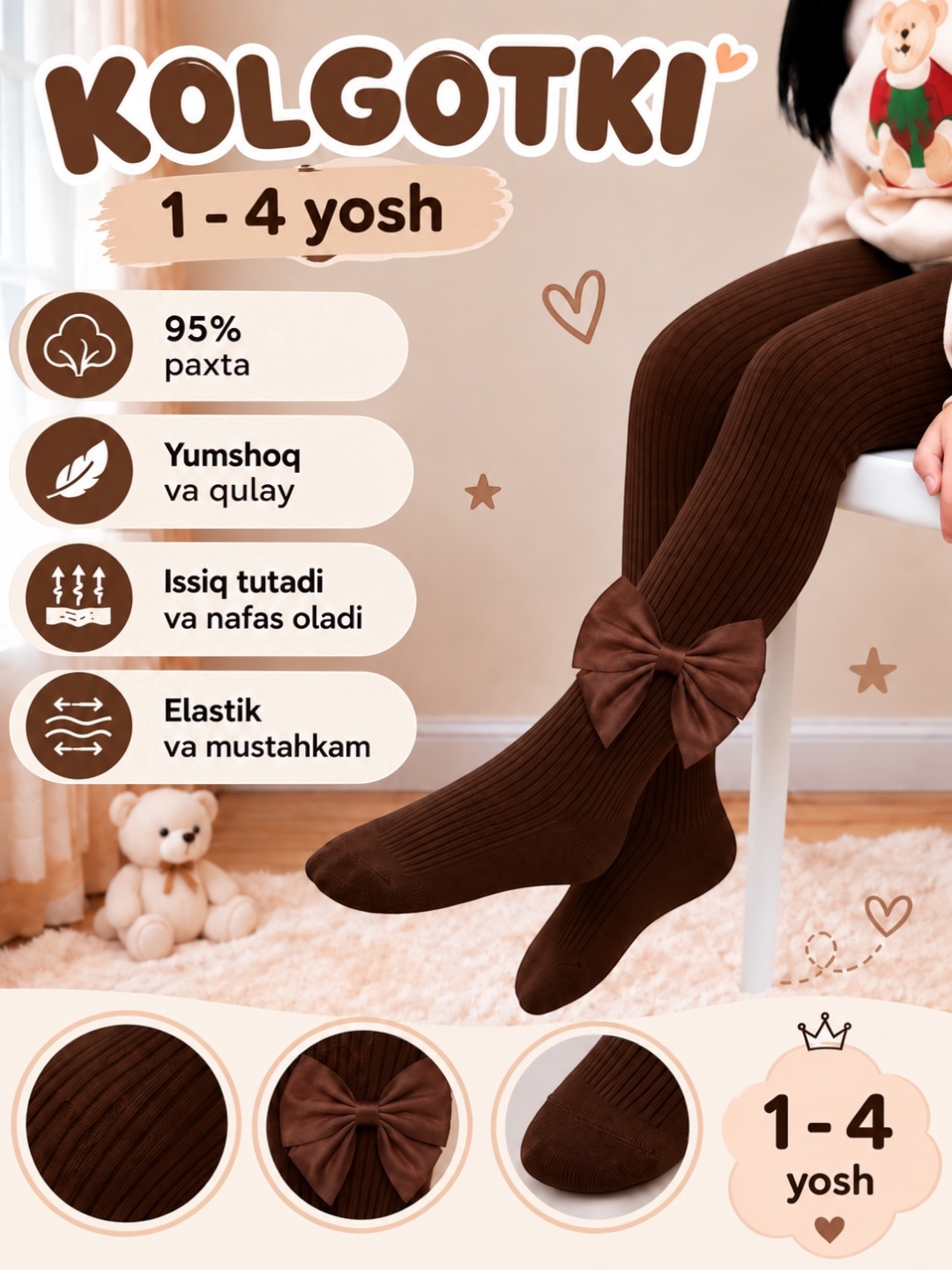 Qiz bolalar uchun issiq kolgotkalar S — 1 yosh, M — 2–3 yosh, L — 4–5 yosh - 
