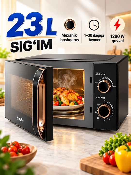 Mikroto‘lqinli pech Sonifer SF-4050, 23 L, mexanik boshqaruv, 1280 W, taymerli