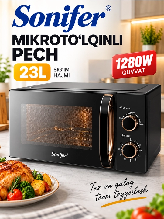 Mikroto‘lqinli pech Sonifer SF-4050, 23 L, mexanik boshqaruv, 1280 W, taymerli - 
