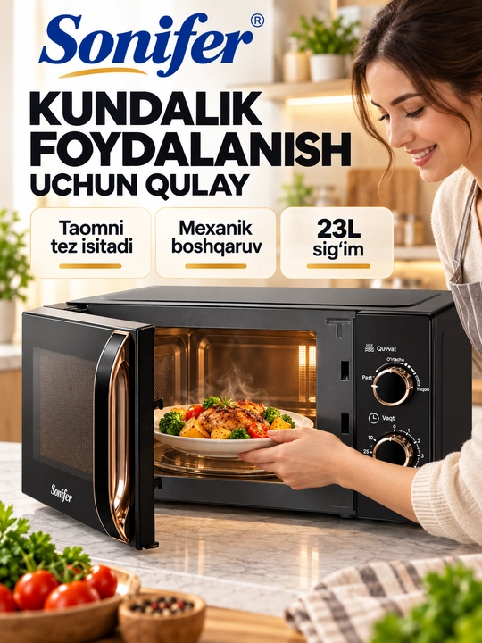 Mikroto‘lqinli pech Sonifer SF-4050, 23 L, mexanik boshqaruv, 1280 W, taymerli