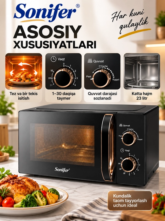 Mikroto‘lqinli pech Sonifer SF-4050, 23 L, mexanik boshqaruv, 1280 W, taymerli