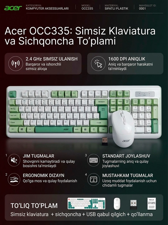 Acer simsiz klaviatura va sichqoncha Bluetooth 5.0/2.4G, kompyuter va noutbuk uchun