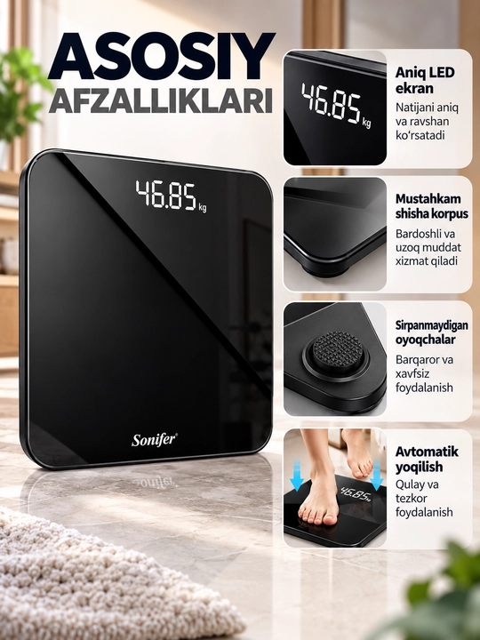 Elektron tarozi Sonifer, 180 kg gacha, LCD displeyli, uy uchun