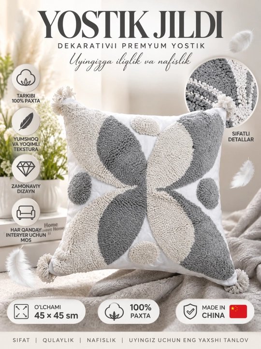 Bezakli yostiq jild, 45x45 o‘lchamli yostiq, yumshoq yostiq jild, bezak, divan, interyer - 