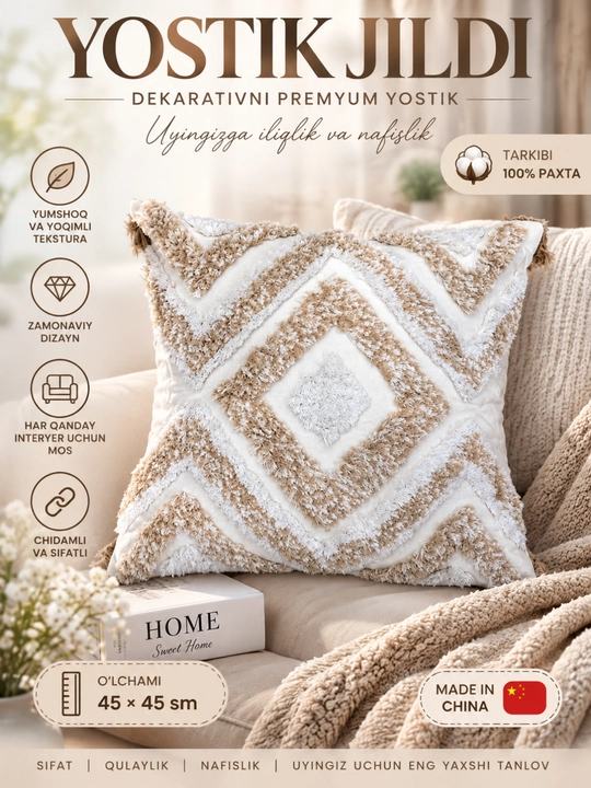 Bezakli yostiq jild, 45x45 o‘lchamli yostiq, yumshoq yostiq jild, bezak, divan, interyer - 